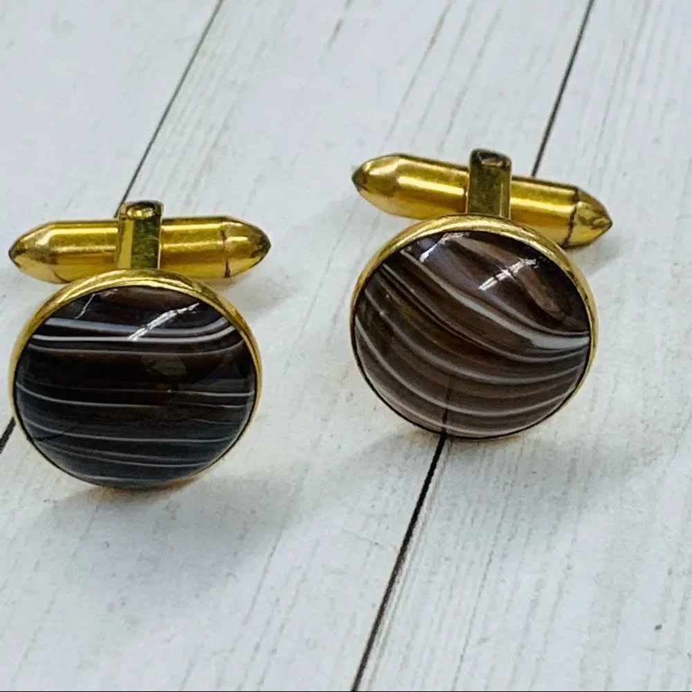 Hicock Brown White Stripe Glass Gold Cufflinks‎